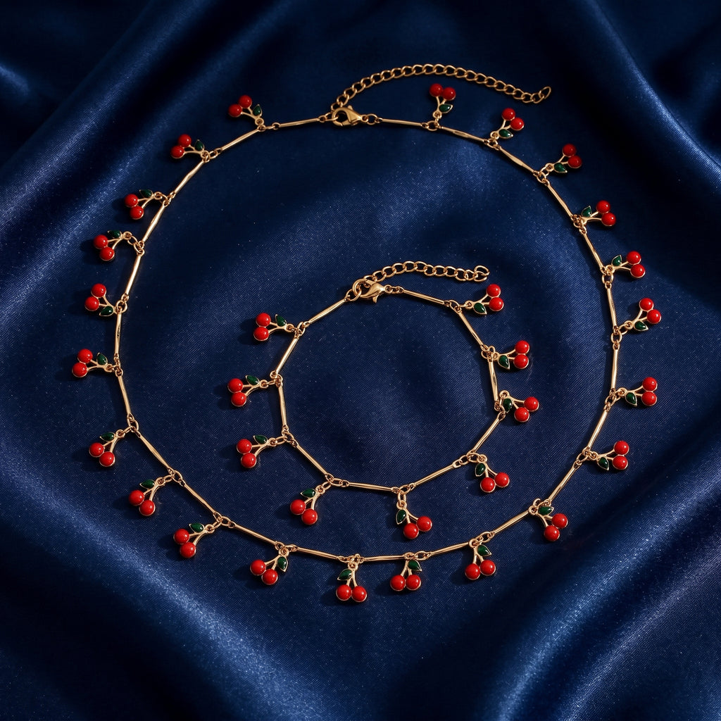 Gold Enamel Cherry Choker & Bracelet Set