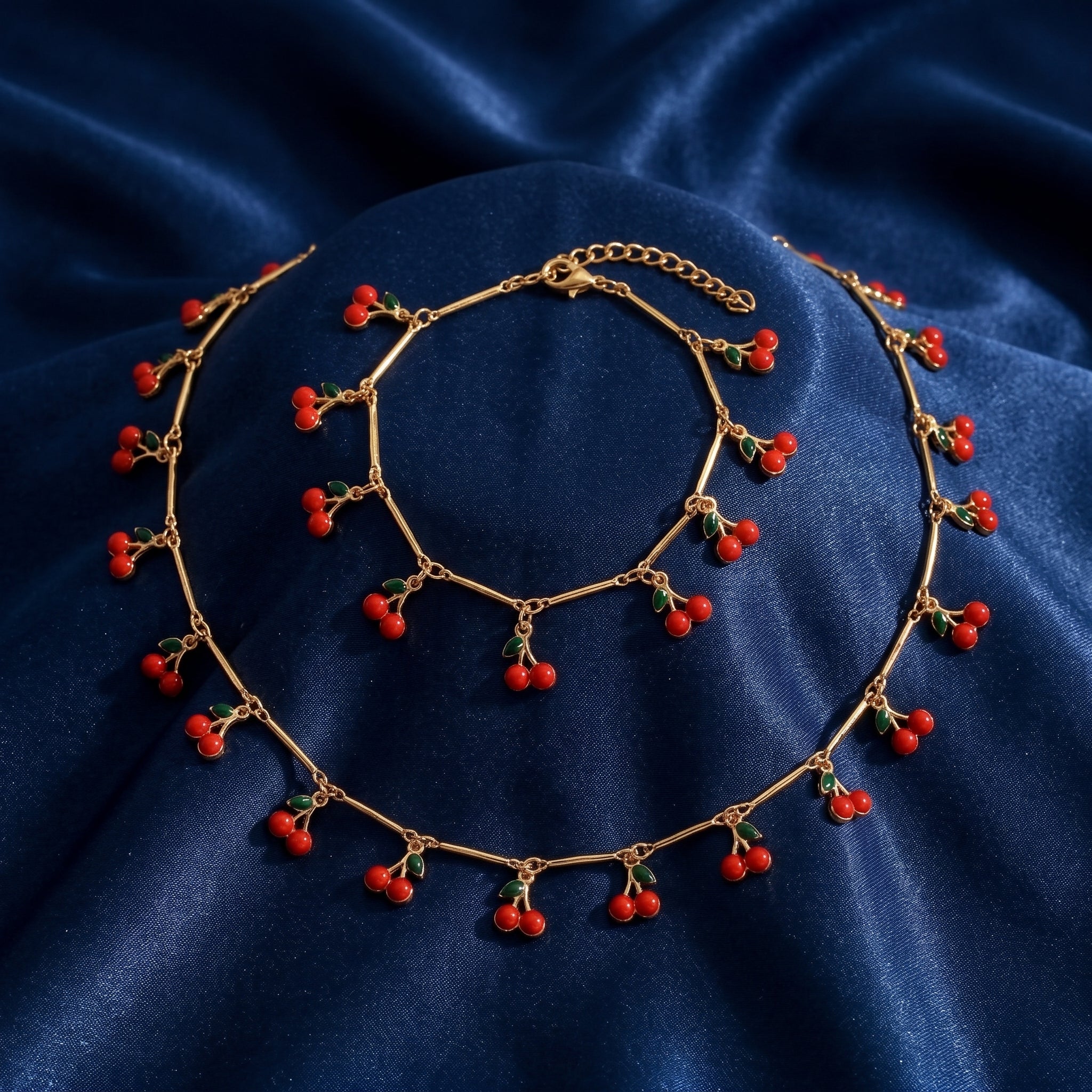 Gold Enamel Cherry Choker & Bracelet Set