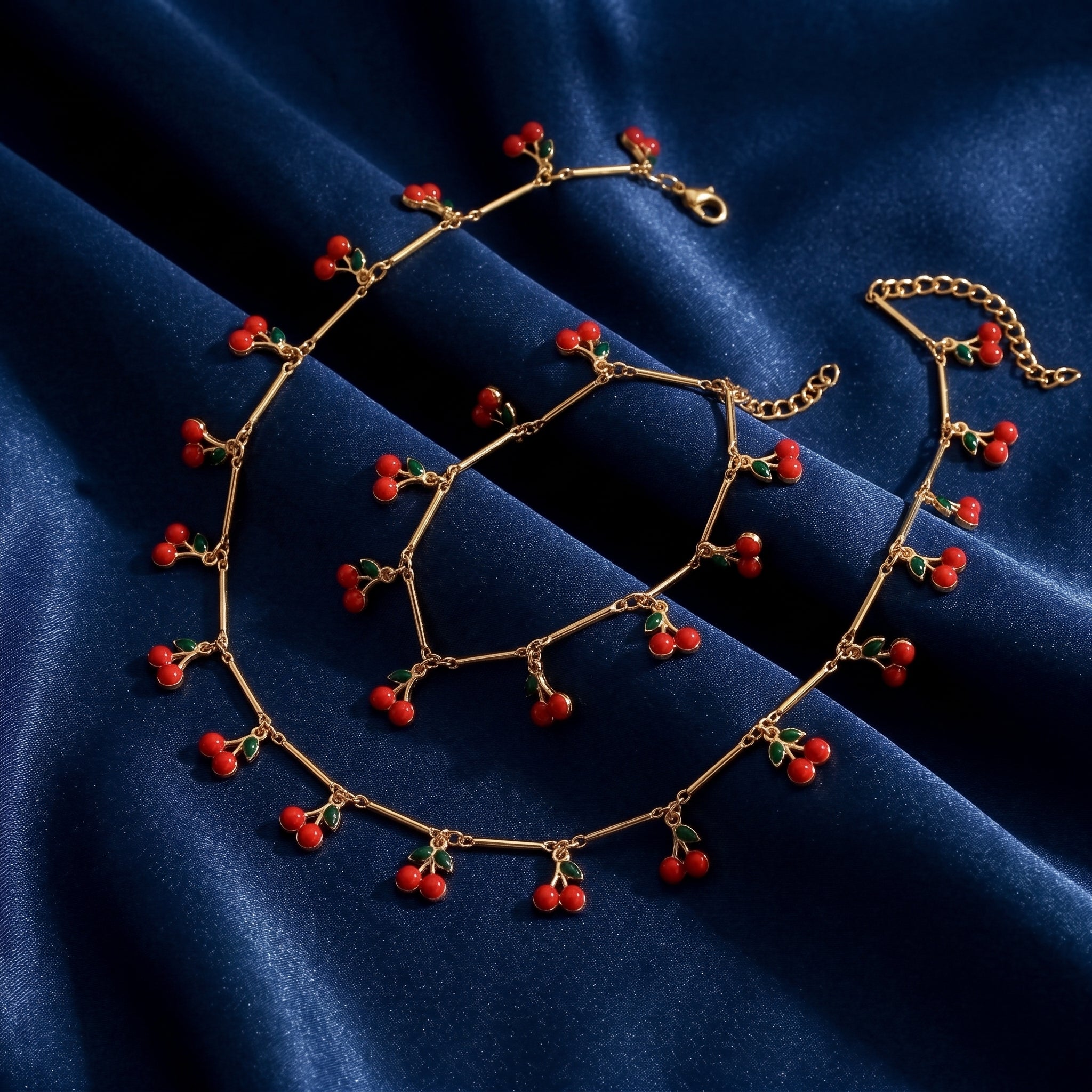 Gold Enamel Cherry Choker & Bracelet Set